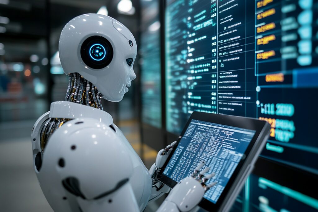 Businessmen and humanoid robot work on a project chat bot chatbot ai bot AI in Industries